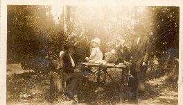 l-r: Billy Hutchins <?> obscured, Lou Winters, Irene Hutchins, Bill Winters, Whacker White, Keith Winters, Jean Winters, Vera Cook